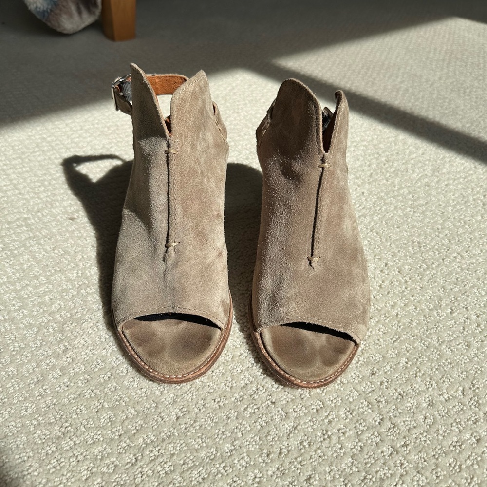 Frye Tan Suede Peep-Toe Mules